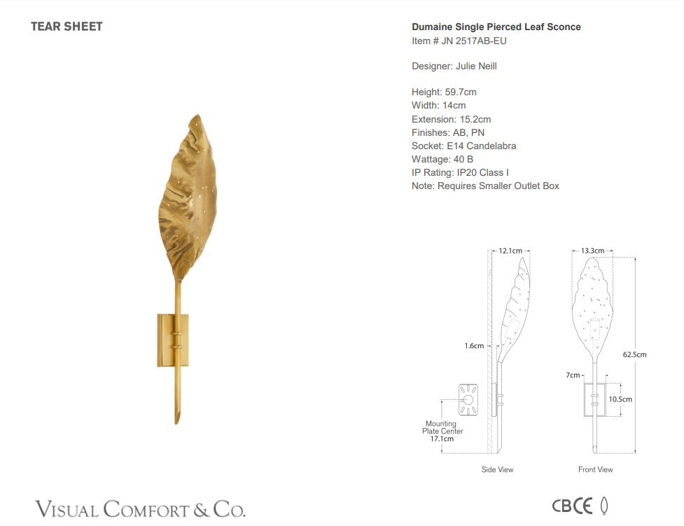 Leaf-shaped sconce with intricate piercings, casting elegant light patterns.