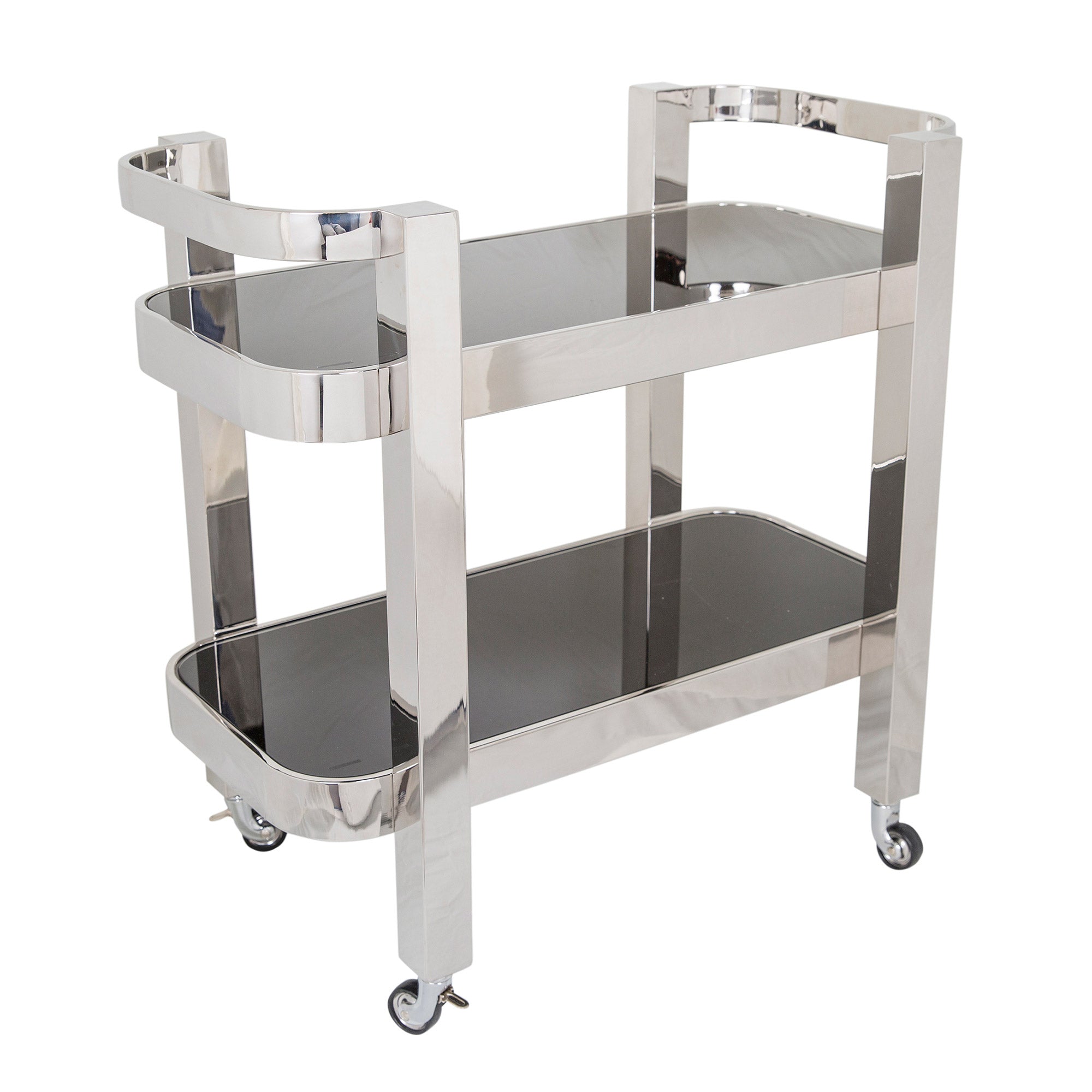 Nevada drinks trolley with black glass and brass frame.