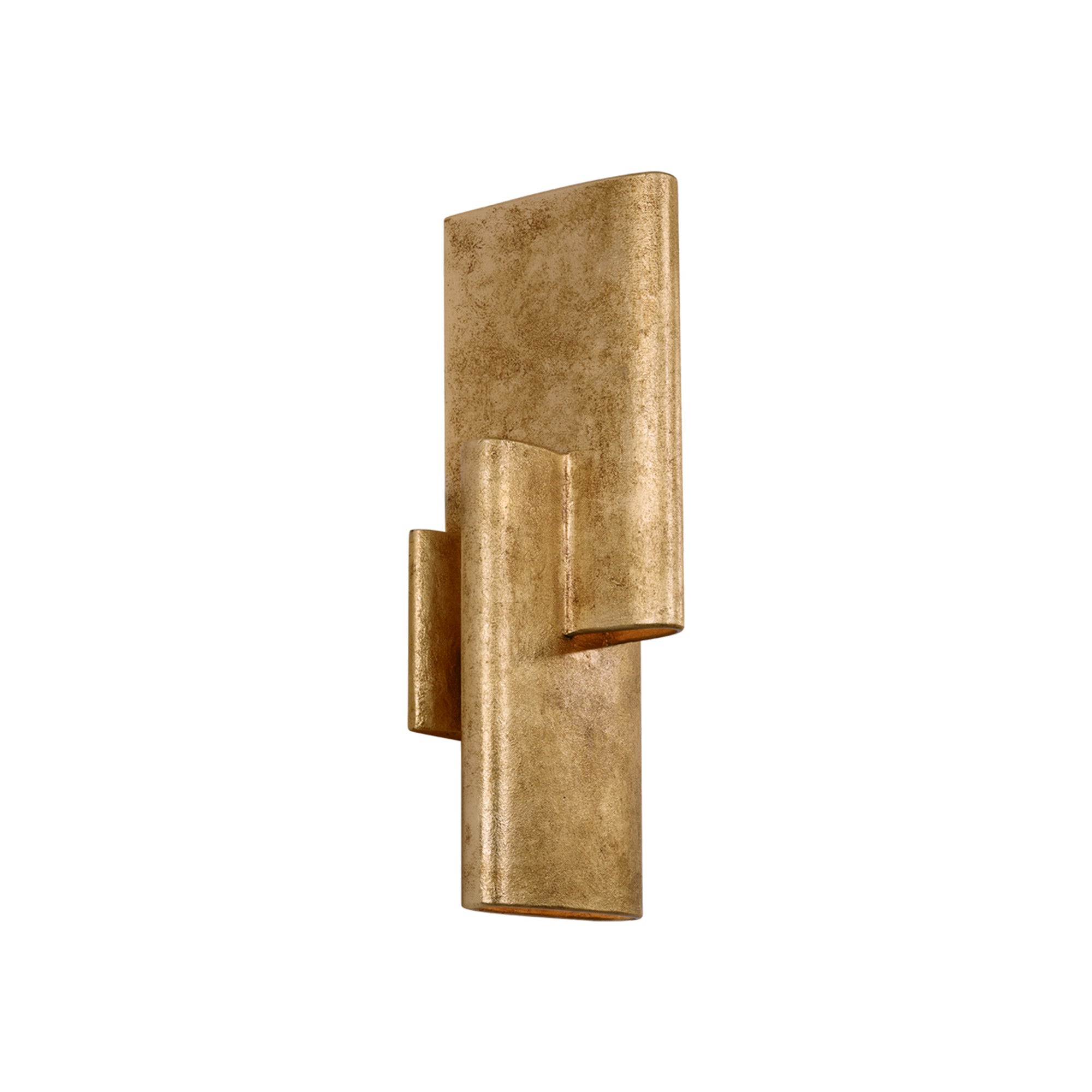 Textured metal sconce with intersecting forms, casting dynamic light and shadow.