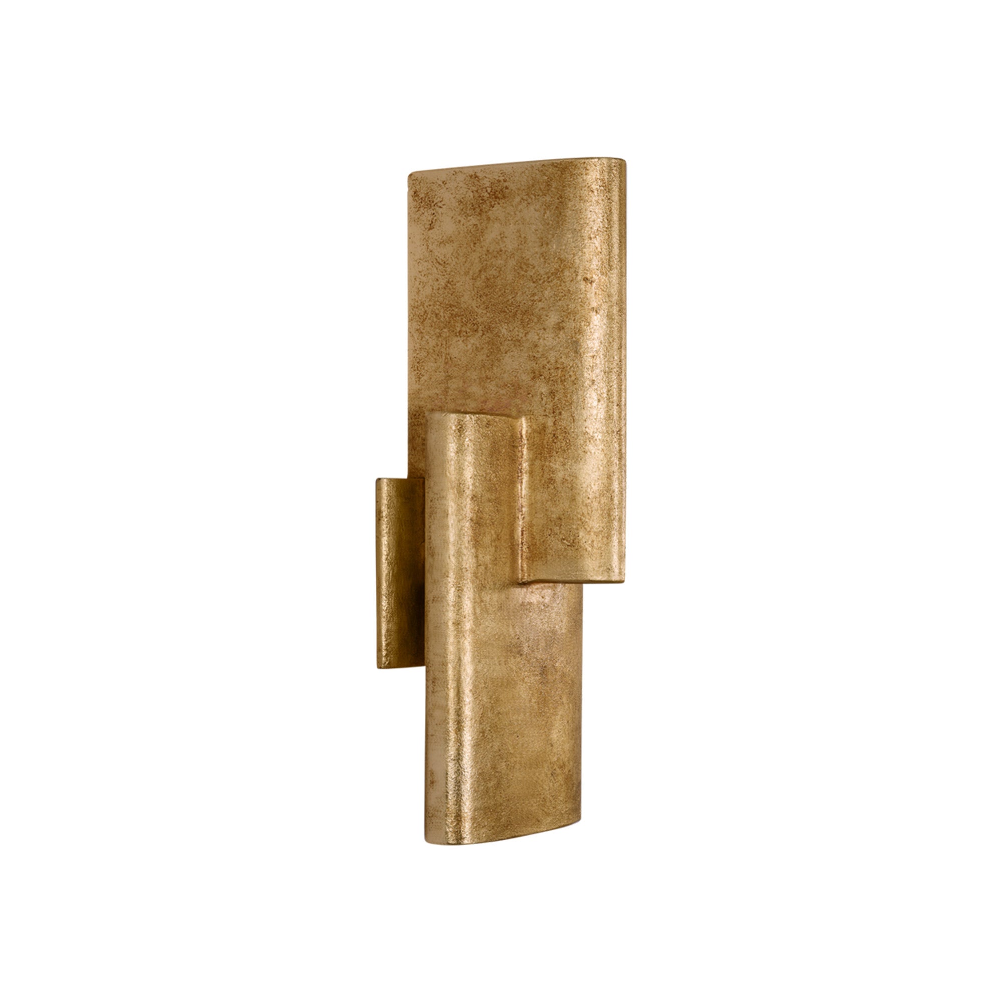 Textured metal sconce with intersecting forms, casting dynamic light and shadow.