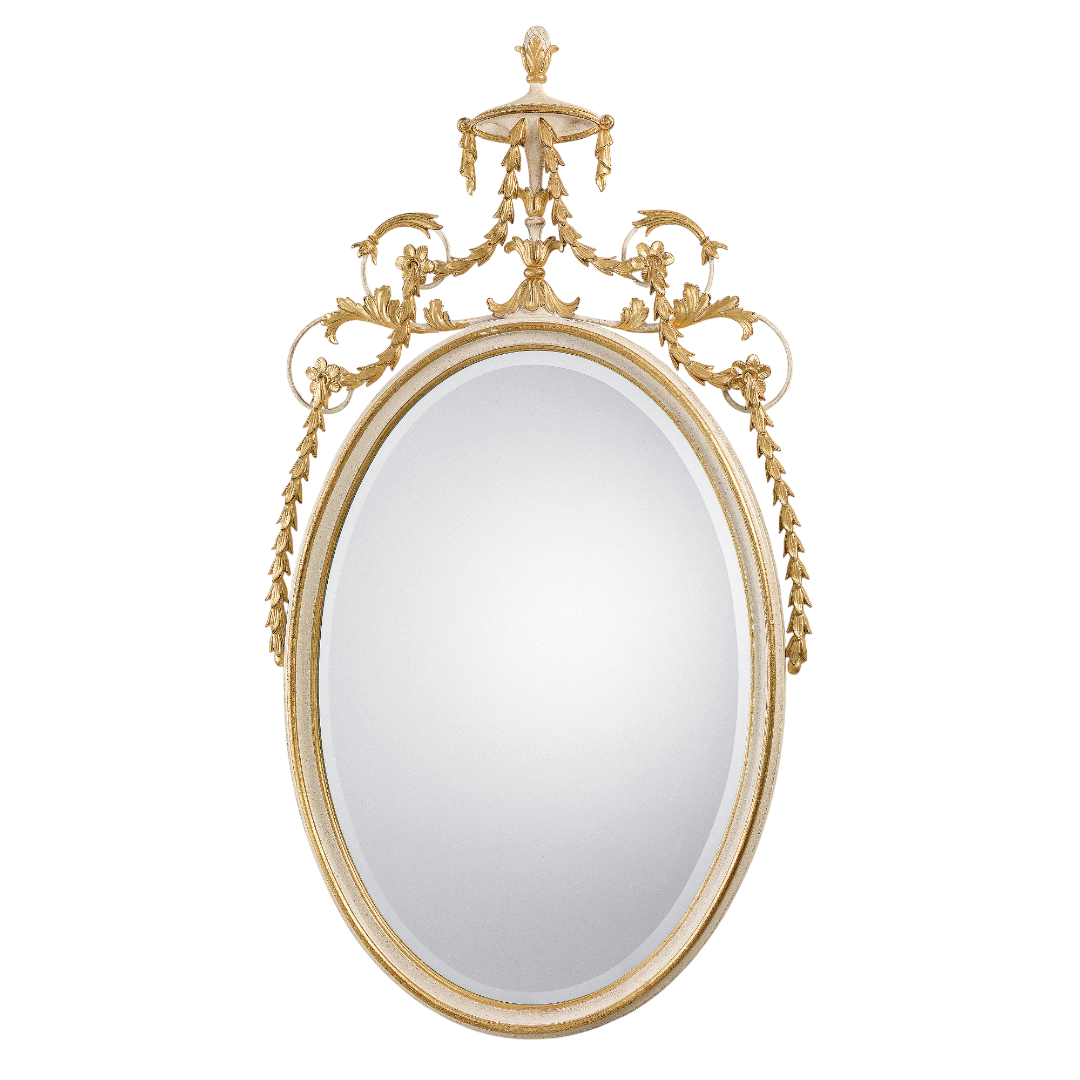 Oval beveled mirror in Robert Adam style with decorative details