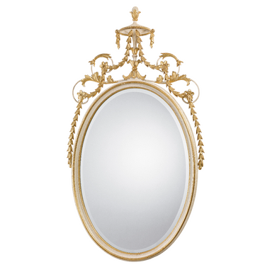 Oval beveled mirror in Robert Adam style with decorative details