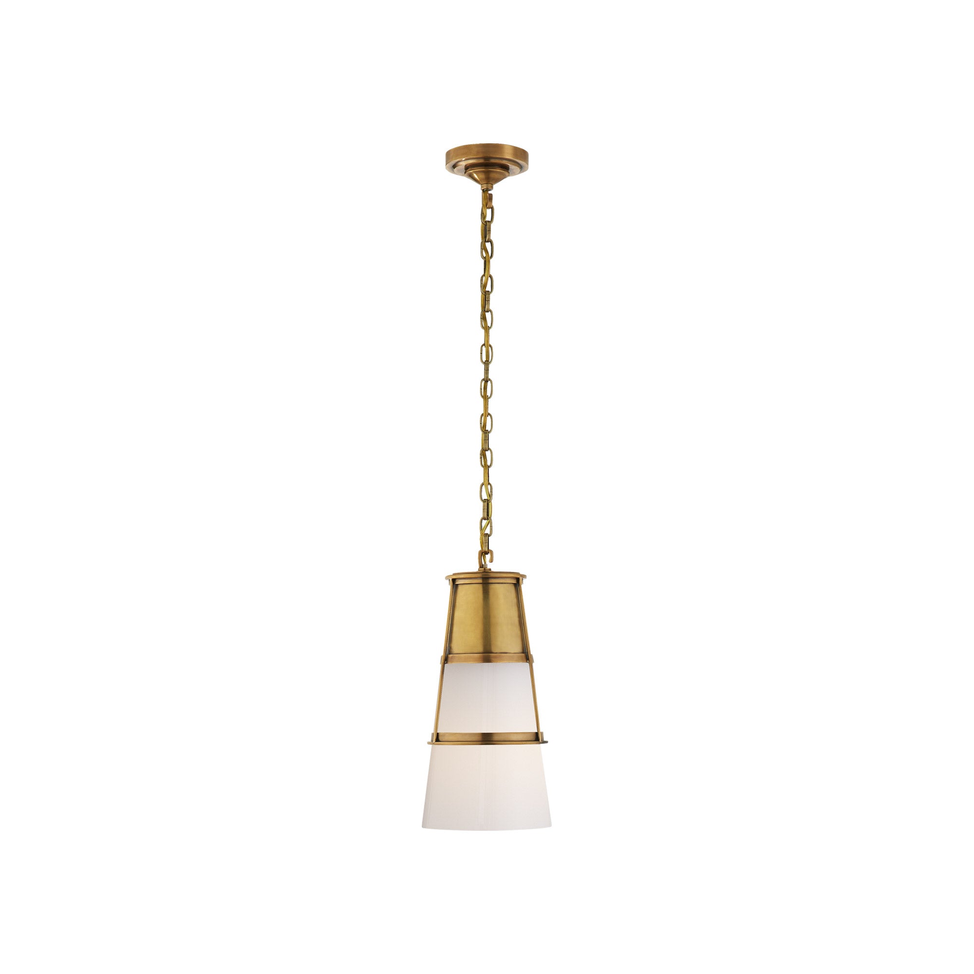 Robinson Medium Pendant – geometric design with Bronze and Glass or Antique-Burnished Brass, casting soft ambient light, by Thomas O'Brien.