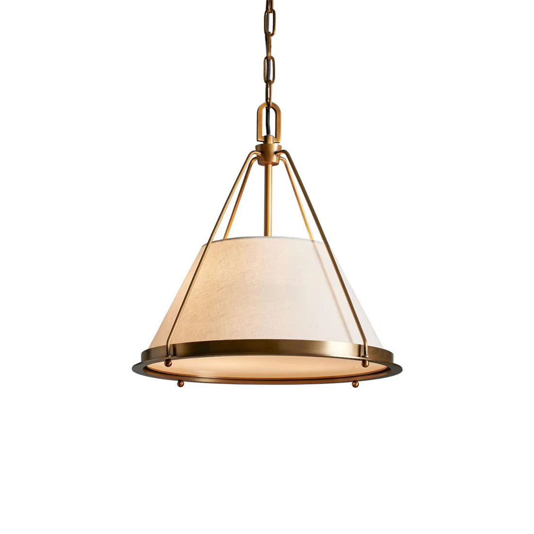 Melton Pendant Light – a striking blend of smooth brass and textured linen fabric, featuring industrial-inspired brass arms and flared shades, elegantly accented with brass detailing at the base.