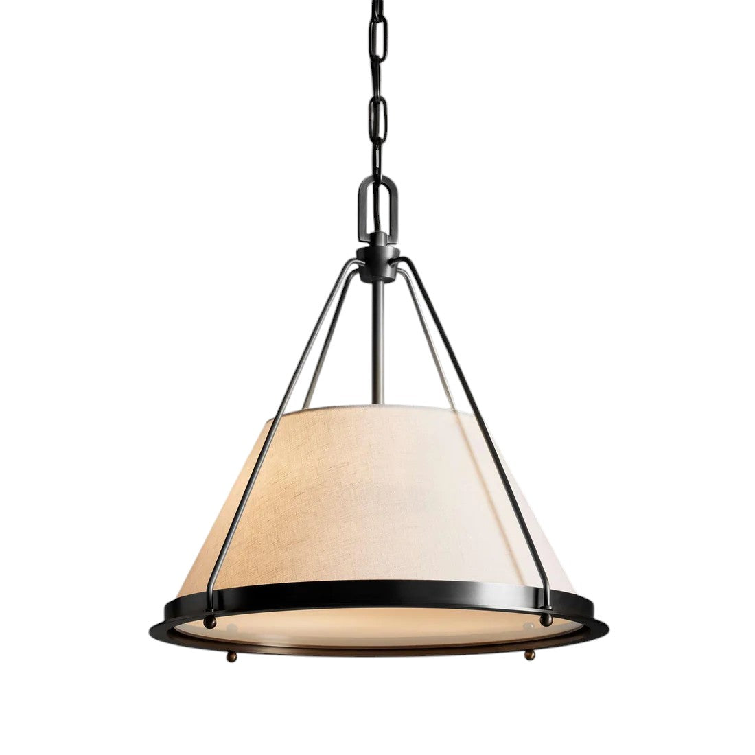 Melton Pendant Light – a striking blend of smooth brass and textured linen fabric, featuring industrial-inspired brass arms and flared shades, elegantly accented with brass detailing at the base.