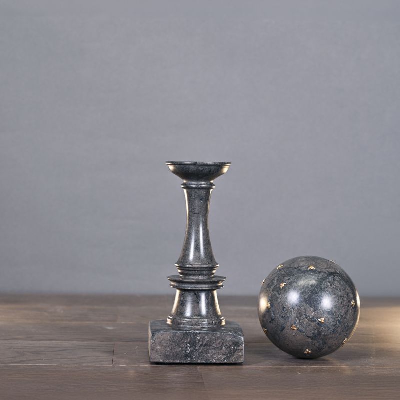 Grey/Black Marble Bilboquet – finely crafted with gilded bee motifs, symbolizing immortality and royalty, handmade and polished for timeless elegance.
