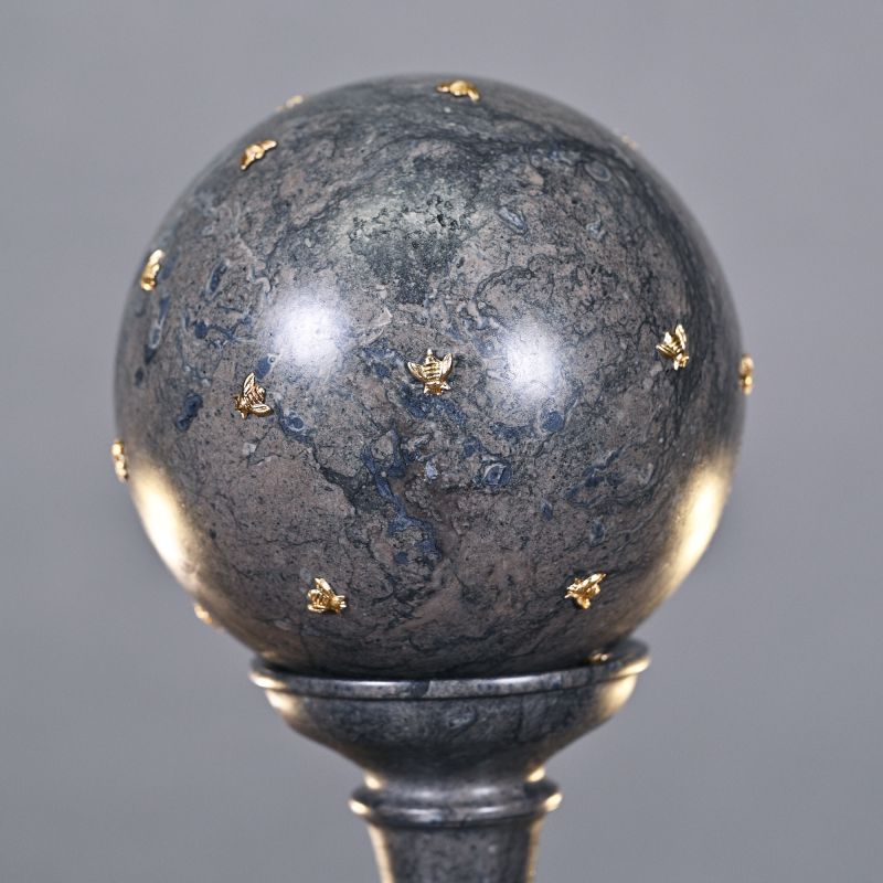 Grey/Black Marble Bilboquet – finely crafted with gilded bee motifs, symbolizing immortality and royalty, handmade and polished for timeless elegance.