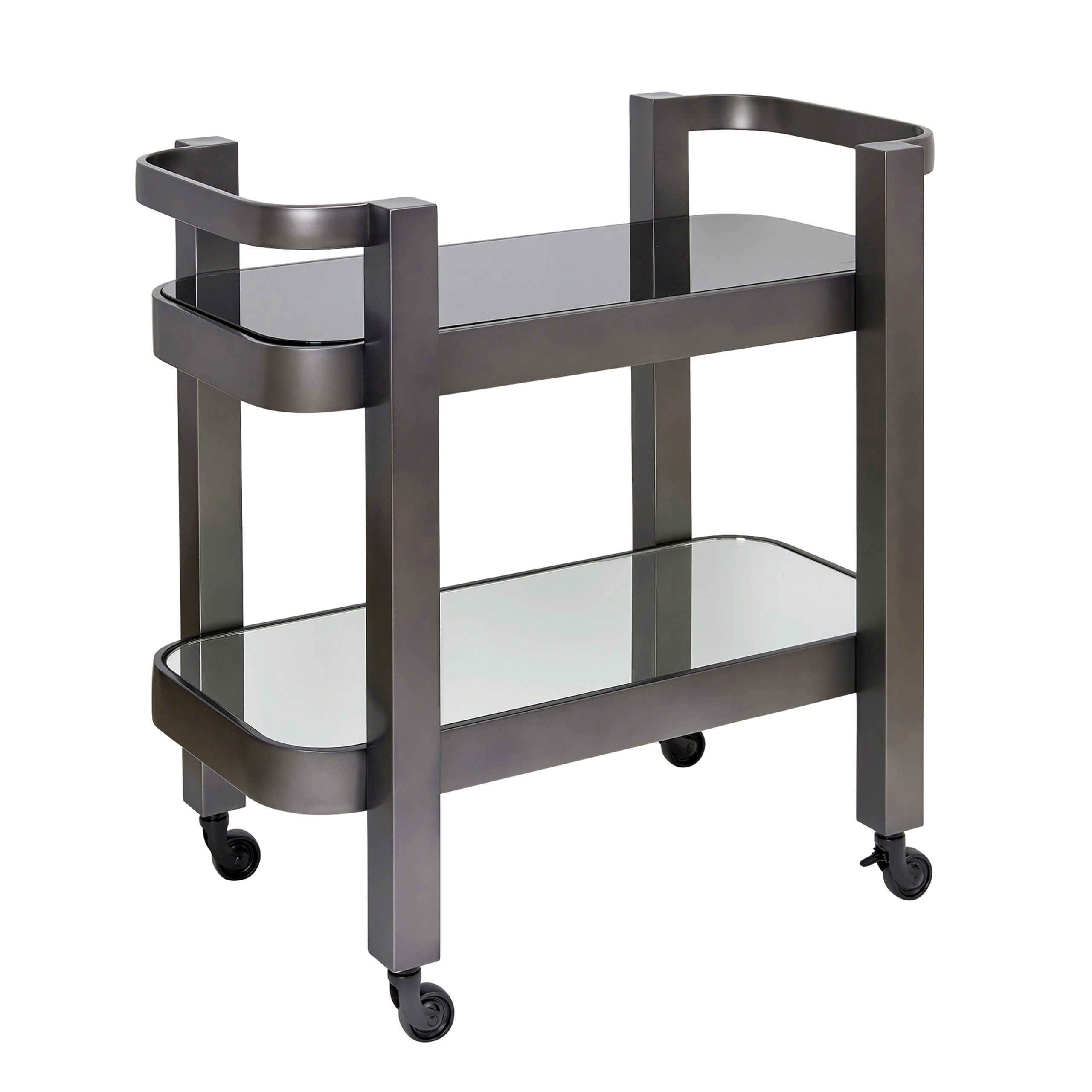 Nevada drinks trolley with black glass and brass frame.