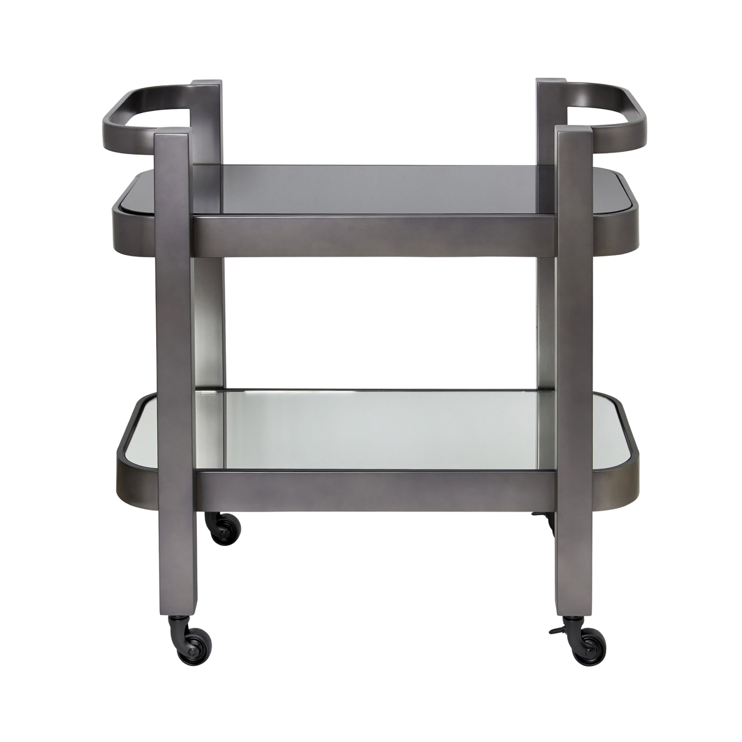 Nevada drinks trolley with black glass and brass frame.