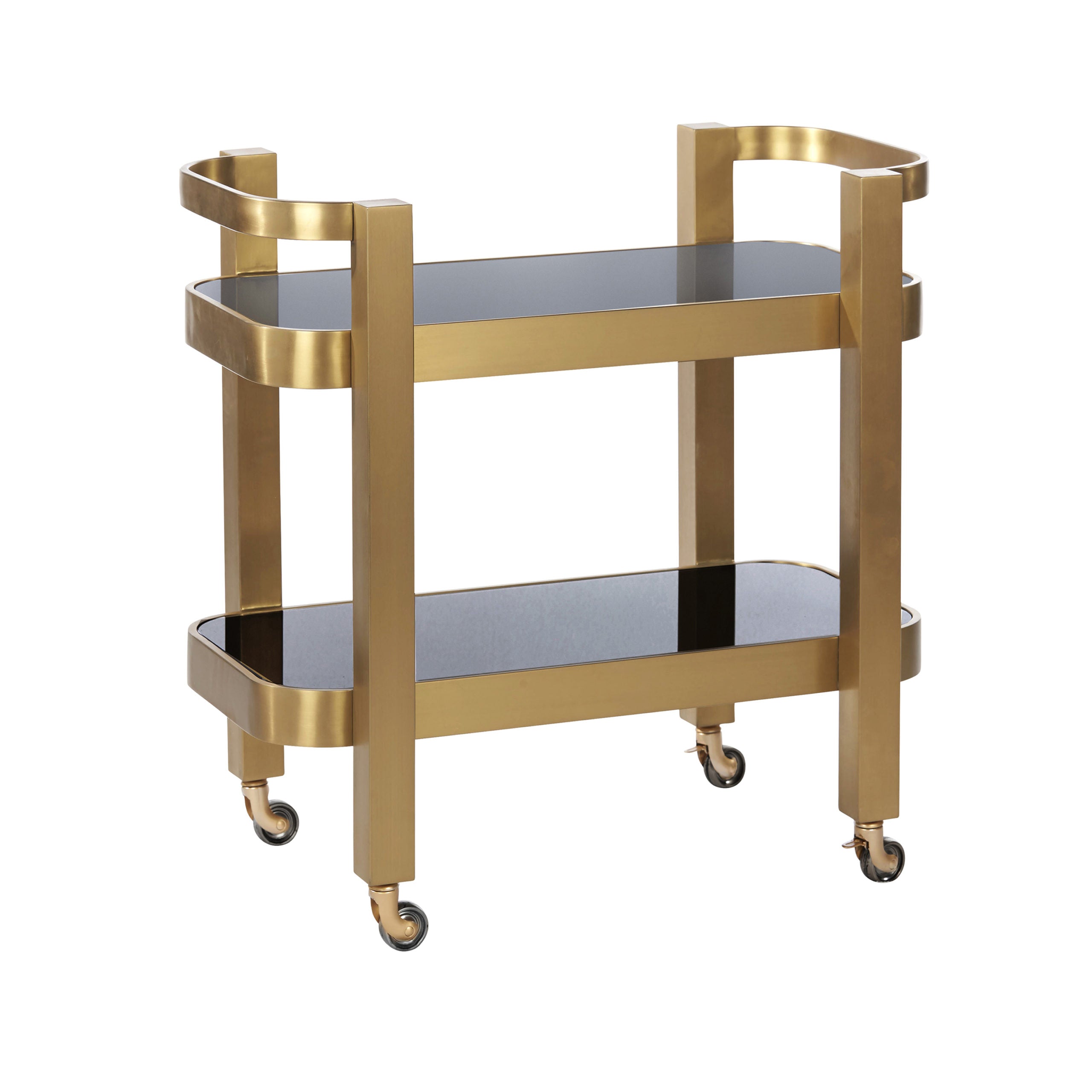Nevada drinks trolley with black glass shelves and brass frame, featuring a modern and elegant design, perfect for serving beverages or as a decorative bar cart.
