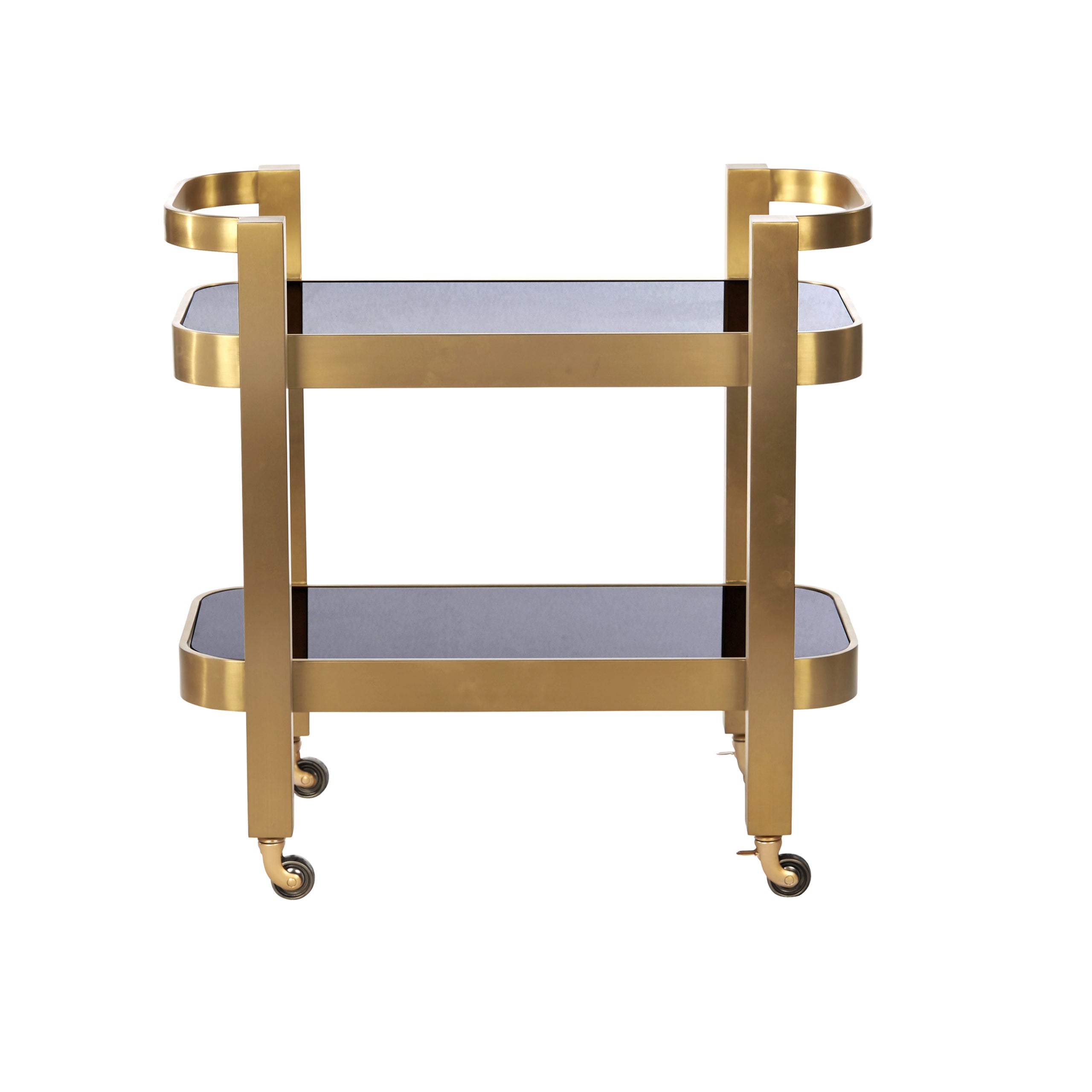 Nevada drinks trolley with black glass and brass frame.