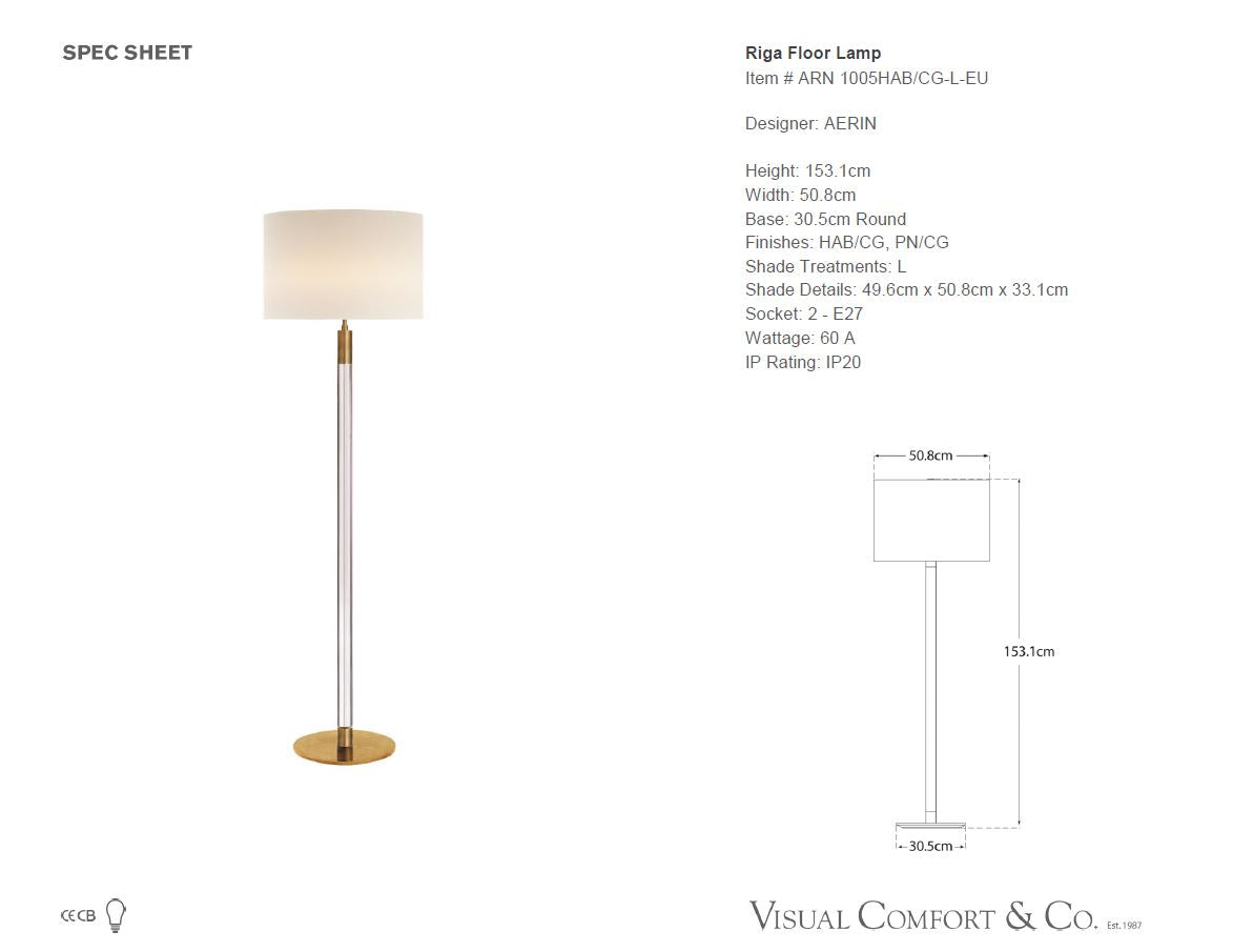 Aerin Riga Floor Lamp in Hand-Rubbed Antique Brass and Clear Glass with Linen Shade
