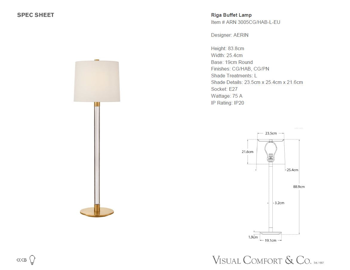 Aerin Riga Buffet Lamp in Crystal and Hand-Rubbed Antique Brass with Linen Shade
