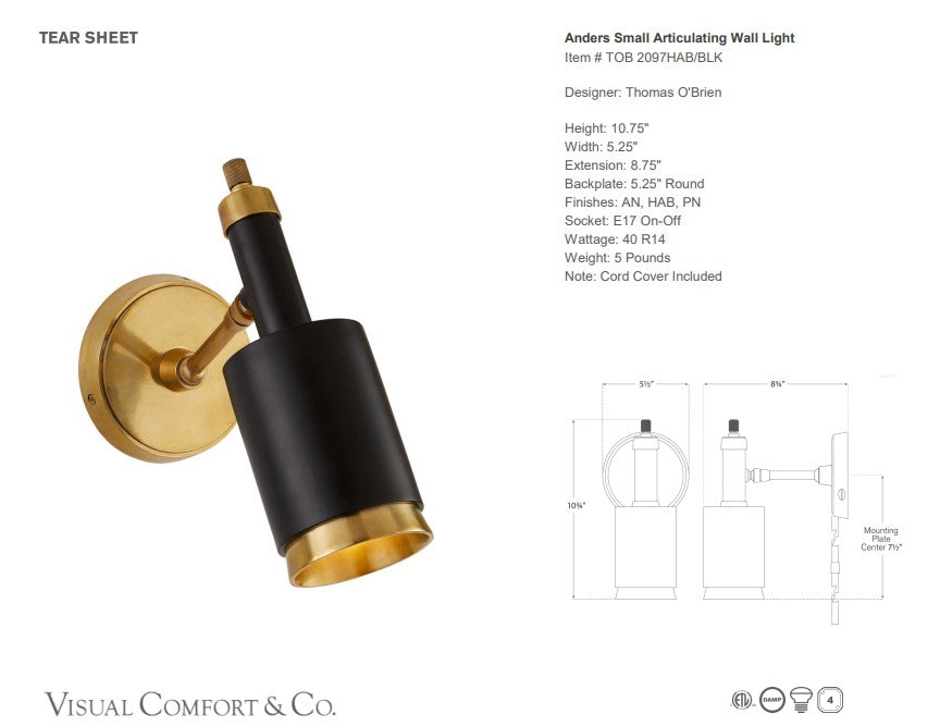 Thomas O'Brien Anders Small Articulating Wall Light