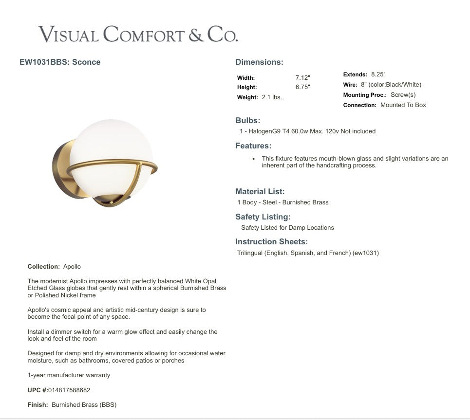 Visual Comfort Studio - Apollo 1L wall bracket