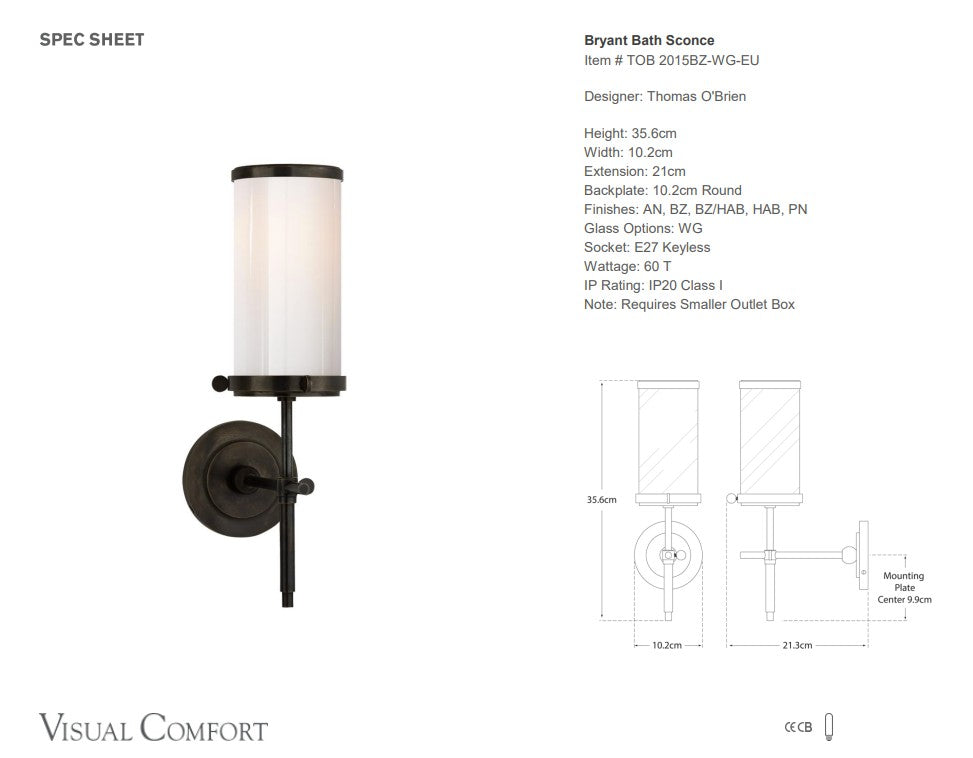 Thomas O'Brien Bryant Bath Sconce with White Glass