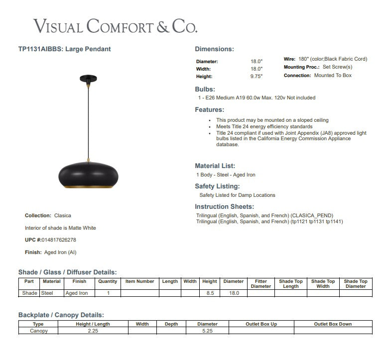 Visual Comfort Studio - Clasica Pendant