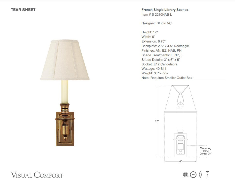 Visual Comfort Studio VC French Single Library Sconce