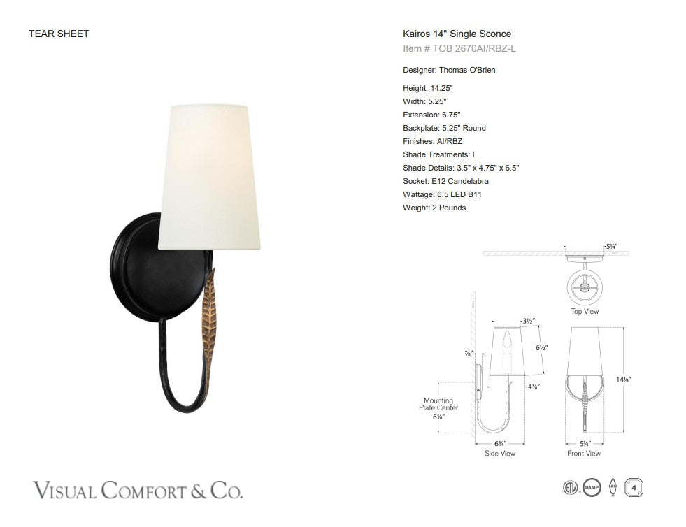 Thomas O'Brien Kairos 14" Single Sconce