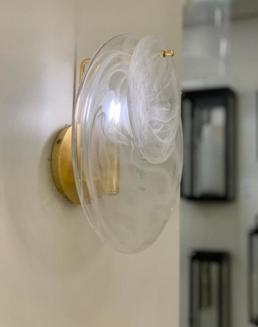 Loire Small Sconce – mid-century Italian design with hand-blown glass and gilded accents, featuring softly diffused light through white strie glass discs, by AERIN.