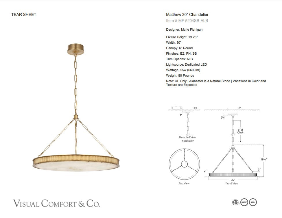 Matthew 30″ Chandelier – elegant alabaster disk suspended by Bronze or Soft Brass for a sophisticated touch.