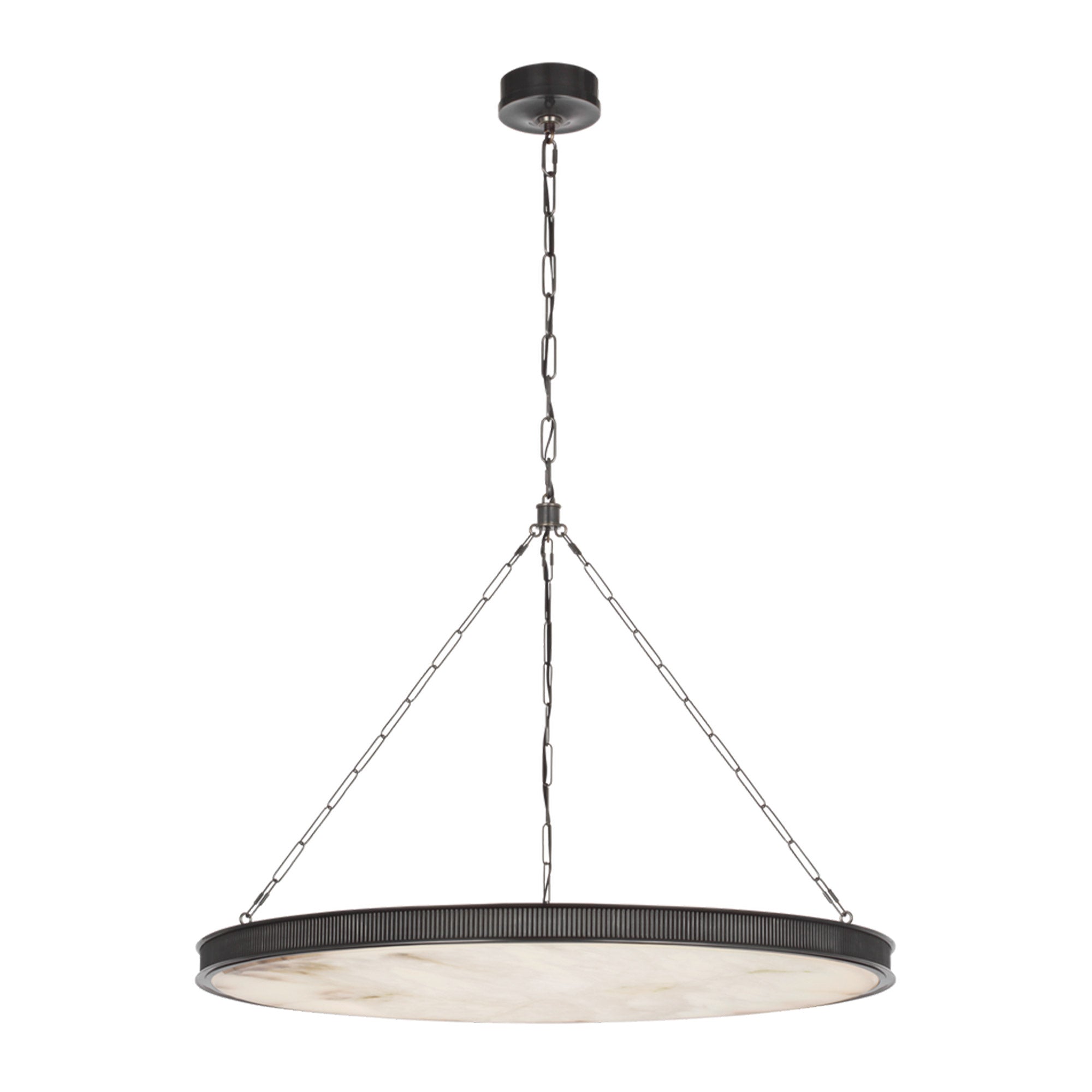 Matthew 40″ Chandelier – elegant alabaster disk suspended by Bronze or Soft Brass for a sophisticated touch.