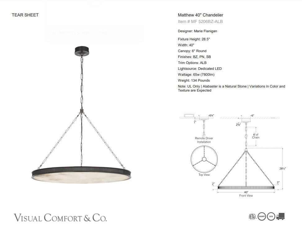 Matthew 40″ Chandelier – elegant alabaster disk suspended by Bronze or Soft Brass for a sophisticated touch.