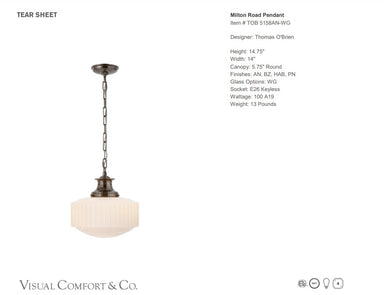 Milton Road Pendant – timeless White Glass Shade with an Antique Nickel finish, designed by Thomas O’Brien.