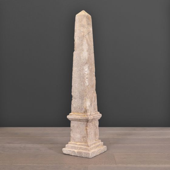 18th Century Sandstone Obelisk – handcrafted reproduction with natural aged patina, inspired by Parisian history and the Luxor Obelisk.