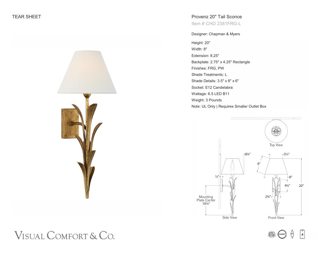 Visual Comfort Chapman & Myers Provenz 20" Tail Sconce
