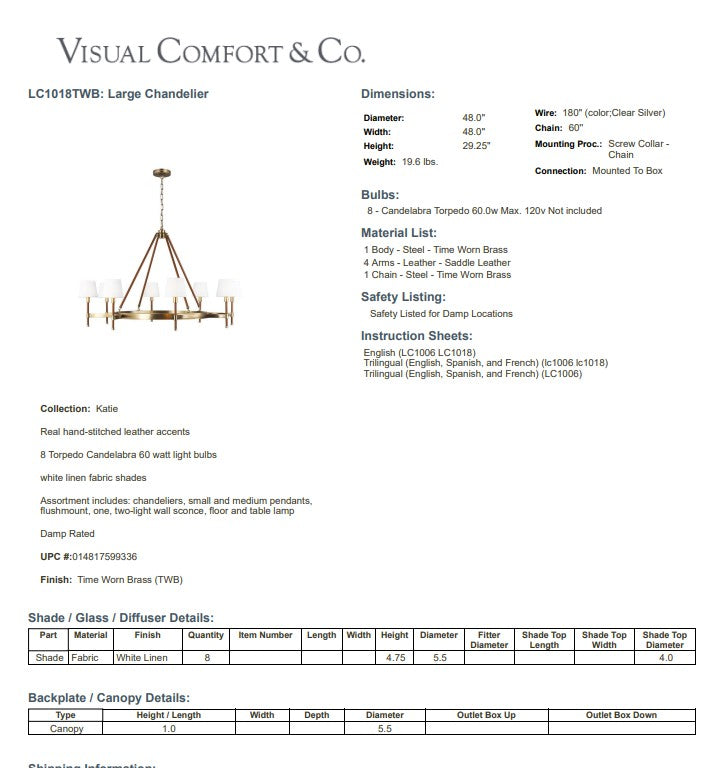 Katie by Ralph Lauren 8L Large Chandelier