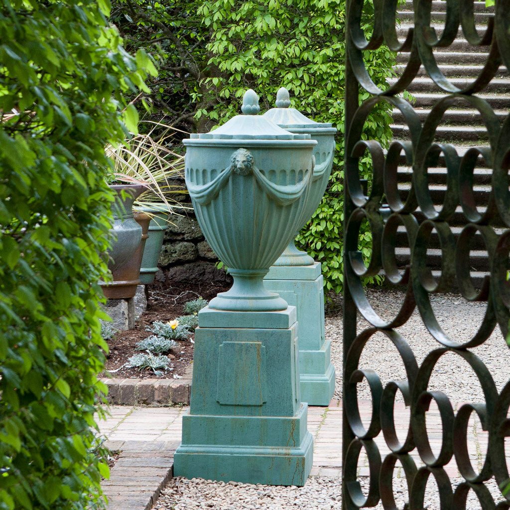 Aged Bronze Robert Adams Urn And Plinth - Pietro Stoneware - Oscar and Mila