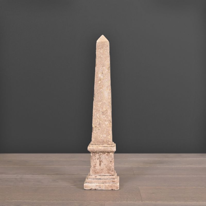 18th Century Sandstone Obelisk – handcrafted reproduction with natural aged patina, inspired by Parisian history and the Luxor Obelisk.